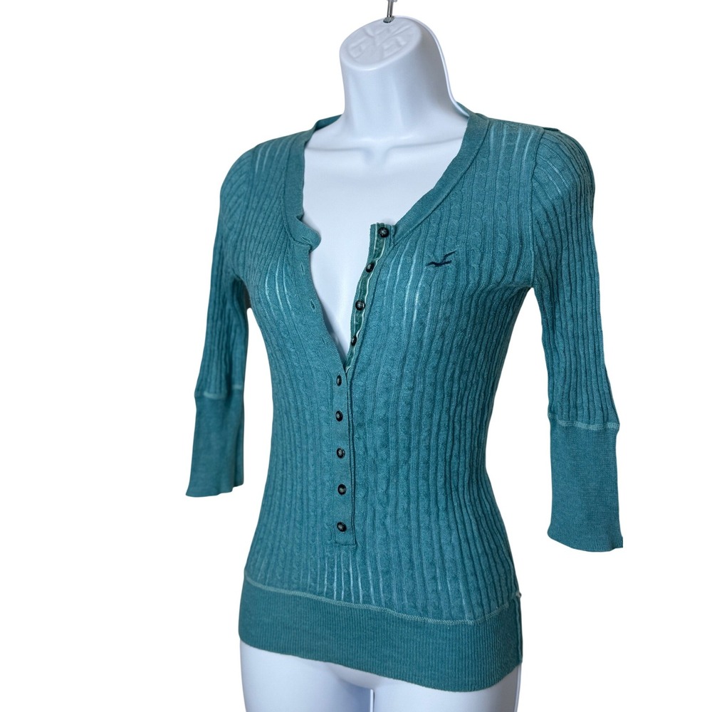 Hollister Henley Top  Medium Teal Blue Y2K Ribbed Cable 3/4 Sleeve - Picture 3 of 8